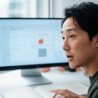 ブログ記事の分析画面を見ながら話すSEO講師の落ち着いた表情