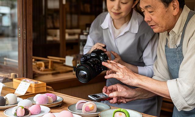 大田区の老舗和菓子店で季節の菓子を撮影する店主とスタッフ